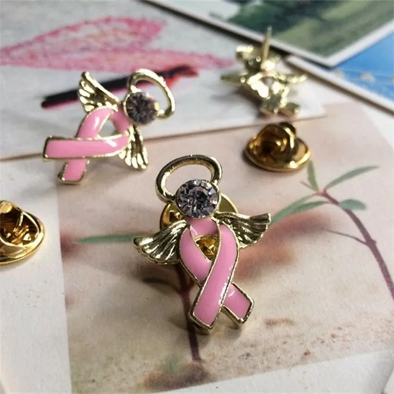 PBR04224 GoldSilver placcato in lega di cristallo smalto rosa nastro angelo cancro al seno Tac Pin 201009