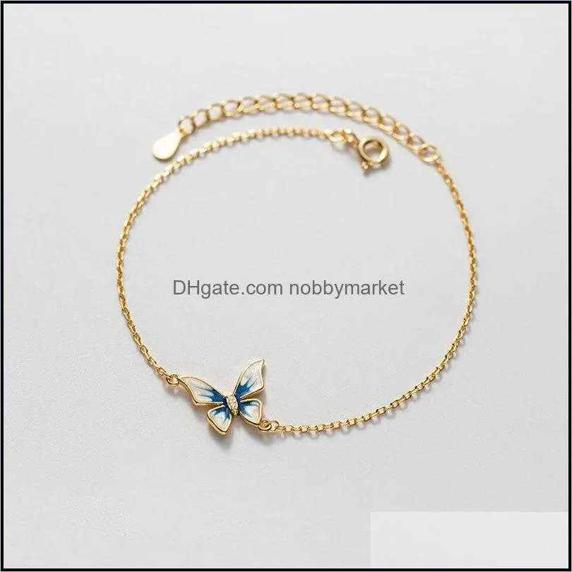 925 Sterling Silver Enamel Blue Butterfly Bracelets for Women Simple Zircon Adjustable Chain Bangles Fine Jewelry Girls Gifts