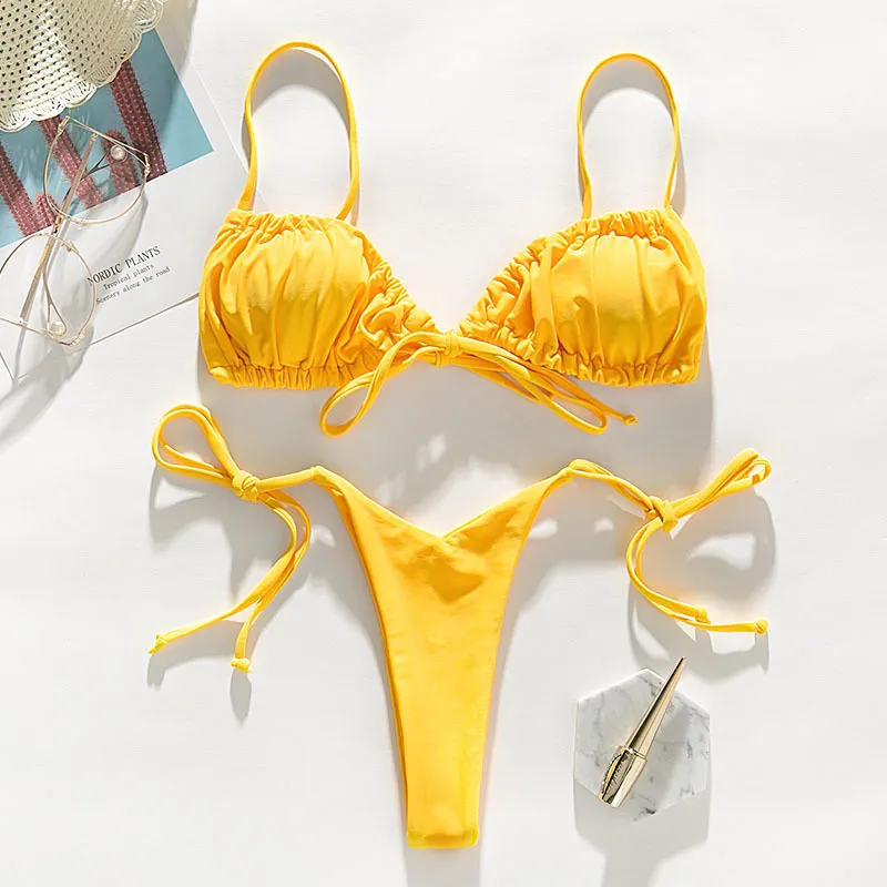 Micro Brazilian bikini set for women wire-free mid waist yellow