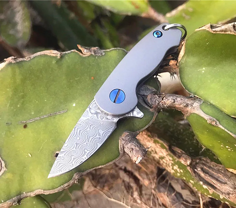 Coltello pieghevole Flipper di alta qualità Lama Drop Point in acciaio di Damasco TC4 Manico in lega di titanio Cuscinetto a sfere Coltelli tascabili con apertura rapida