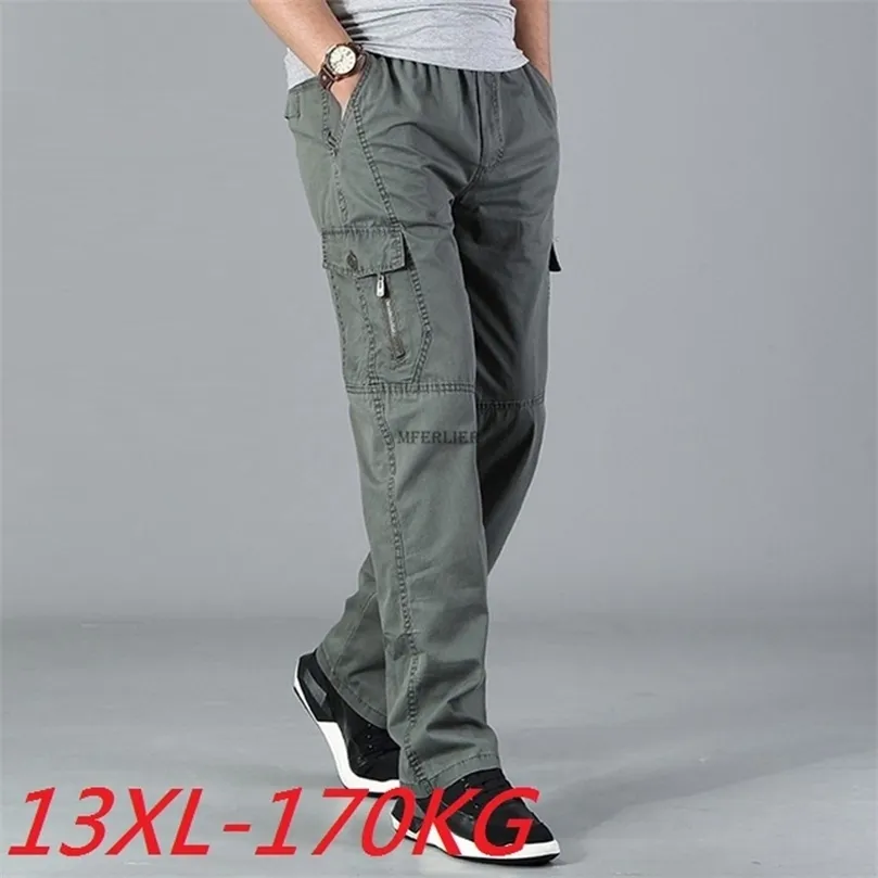 13XL 170kg summer Men cargo pants pocket zipper out door big size pants male simple army green pants Straight trousers 48 220509
