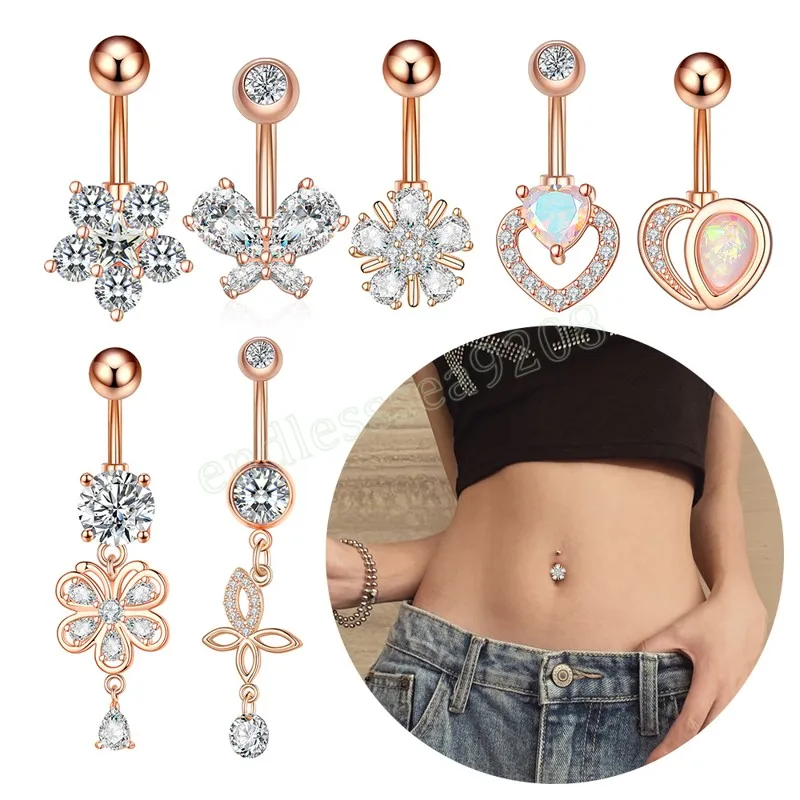 Hart Butterfly Flower Belly Button Ringen 14G Dangle Crystal Zirkoon Navel Piercing Ombligo Oreja Beide zijden Geschroefde lichaam Sieraden