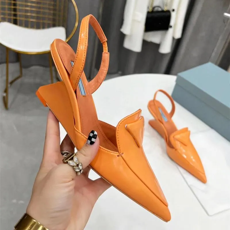 Wedges Sandals Women Pointed Toe High Heels Genuine Leather Patent High Heel Back Strap Designer Runway New 2022 Spring Shoe Ins