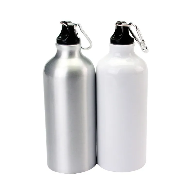600 ml sublimering Vit tomt vattenflaska Värmepress Aluminium Sportflaskor Kolv med karabin
