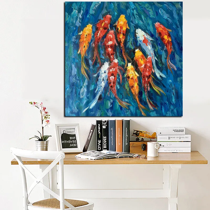 Wall Art Picture Traditional Chinese Abstract Landscape Oil Painting Print Nine Koi Fish on Canvas Poster For Living Room Decor