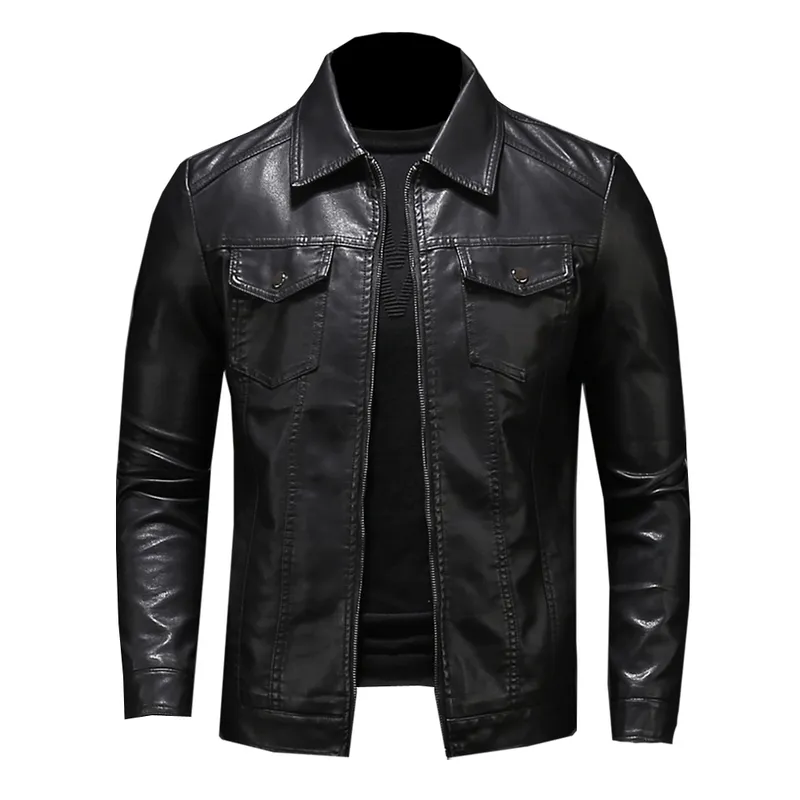 Mäns motorcykel läderjacka stor storlek Ficka svart dragkedja lapel Slim Fit Male Spring och Autumn High Quality Pu Coat M5XL 220816