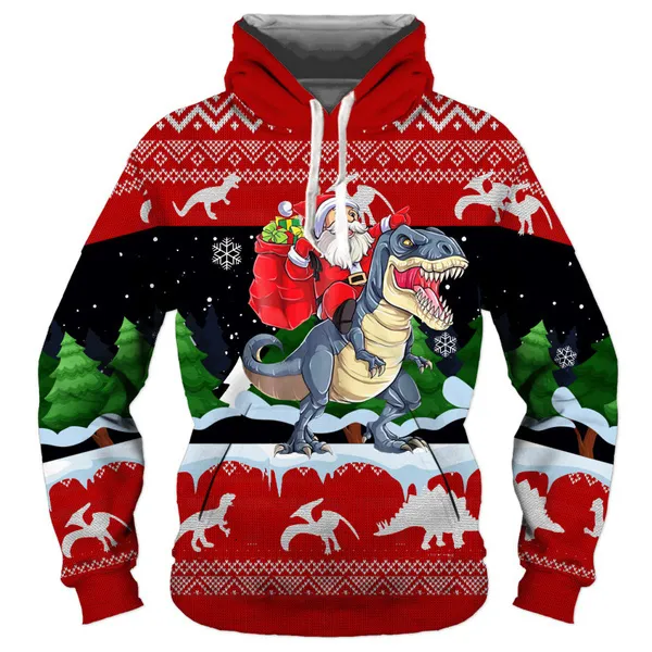 남자의 후드 땀 셔츠 산타 클로스 라이딩 공룡 3D 까마귀 크리스마스 크리스마스 재미있는 인쇄 셔츠 만화 캐주얼 풀오버 셔츠 230206