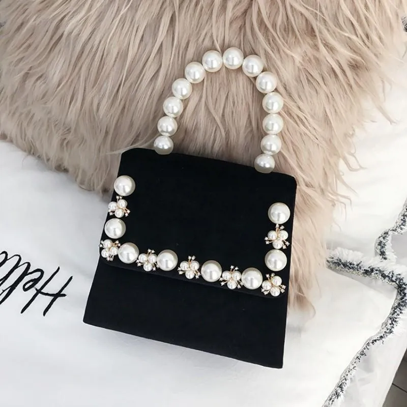 Evening Bags Mini Velvet Womens Cute Flap Handbag Vintage Ladies Pearls Diamonds Beading Chain Sling Shoulder Bag Small Party Crossbody Bags