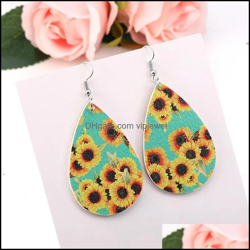 design sunflower printed pu leather earring bohemian dangle drop earrings colorful waterdrop ear lucky jewelry christmas wholesale -y