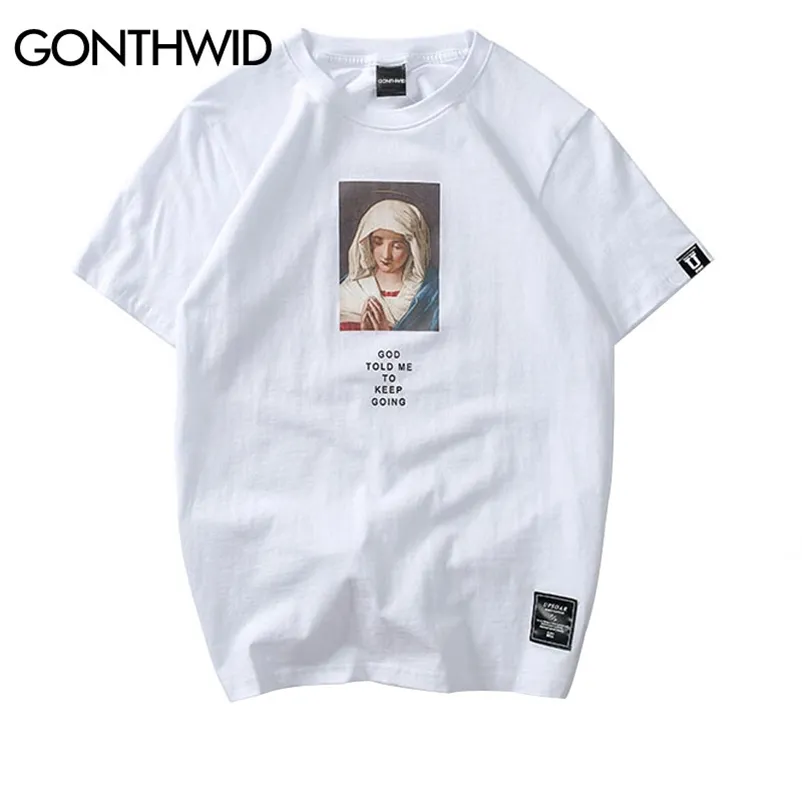 Gonthwid Men's Virgin Mary tryckt kort ärm T -skjortor Summer Casual Cotton Hip Hopo Tops Tees Fashion Streetwear Tshirts 220505