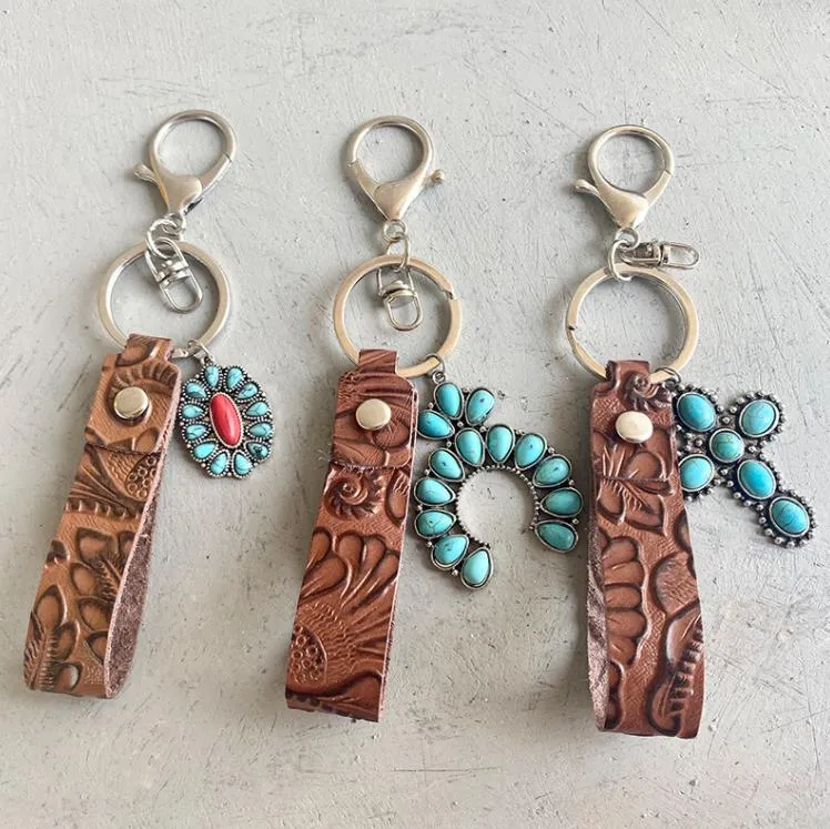 Festables Keychains Party Favor Embossed Cowhide Leather Keychain with Turquoise Pumpkin ...