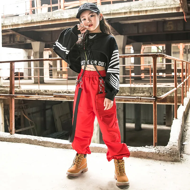 Hip Hop Clothing Girls Jazz Dance Costume Long Sleeve Black Tops Red Cargo  Pants Kids Hip Hop Performance Wear Rave Clothes 5049 2 From Pgjp, $24.92