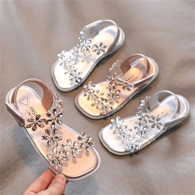 Summer Girls Sandals Flower Crystal Princess Shoes Kids Fashion Beach Children Antislip Ankle Strap 220711