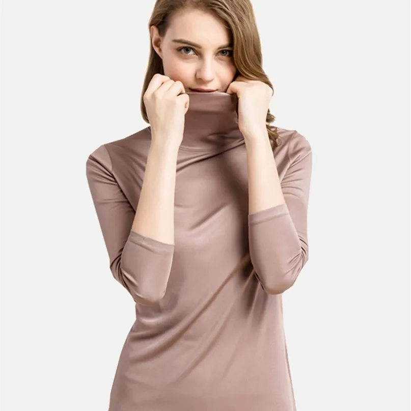 SuyaDream Women Turtleneck Long Sleeved Solid Pullovers Knitted Natural Silk Chic Bottoming T Shirt Spring Autumn TOP 220402