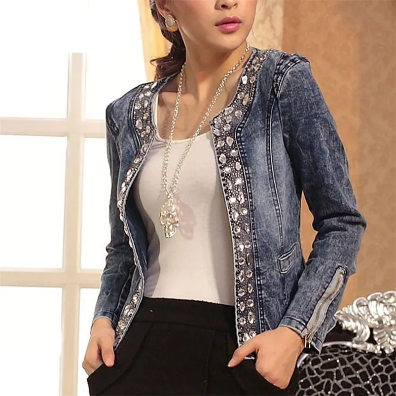 Lente Mode Vrouwen Denim Jas Slanke Rits Casual Korte Pailletten Bovenkleding Dames Vintage Biker Crystal Chaqueta Mujer A237 220722