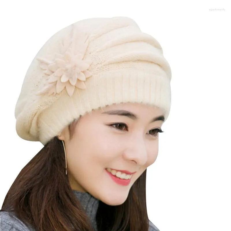 Женщины зимняя шляпа теплое мех сгущайте берет, дамы элегантный сплошной цветочный вязаный кеп -шапочка/крышка черепа eger22