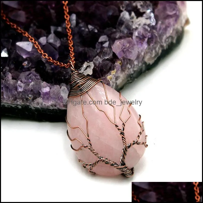 tree of life waterdrop natural healing stone crystal necklace pink rose quartz chakras pendant for gift jewelry