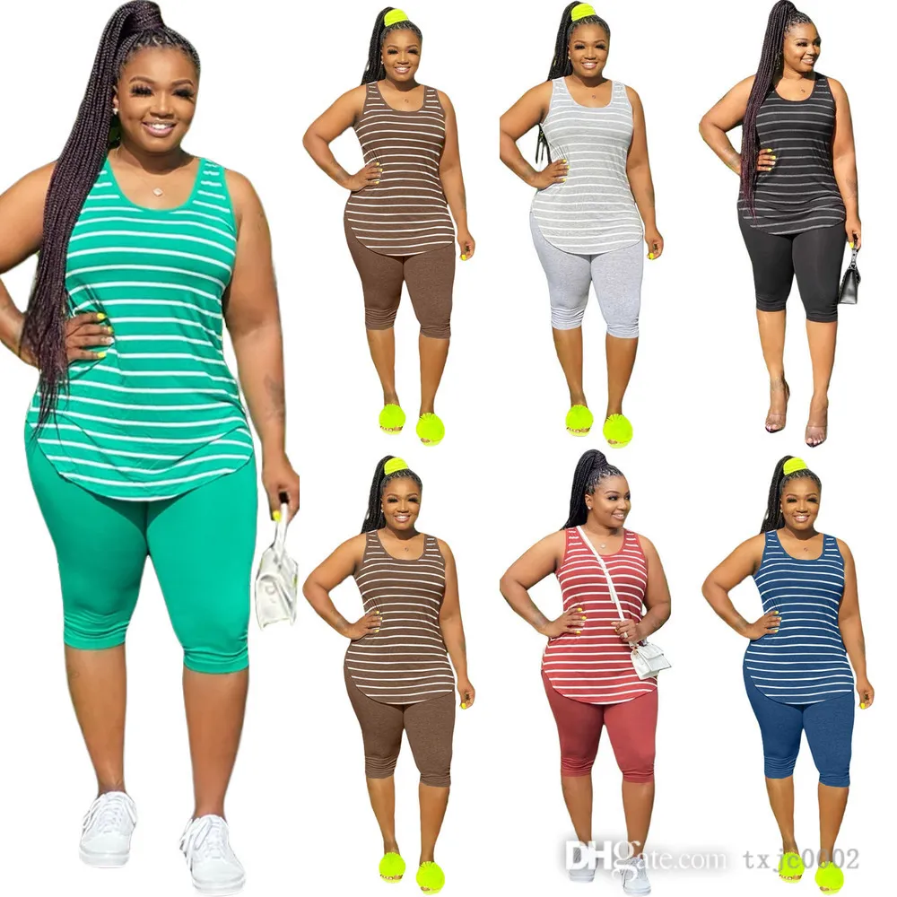 Women Plus Size Tracksuits 2 Pieces Set Deisgner Outfits Sexy Sleeveless Striped T Shirt Vest Shorts Suit Summer Sportwear