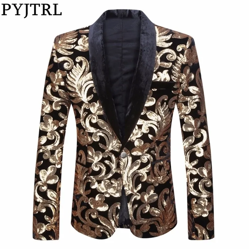 PYJTRL Paillettes Velours Série Hommes Châle Revers Blazer Designs Noir Velours Or Fleurs Paillettes Costume Veste DJ Club Chanteur Vêtements 220527