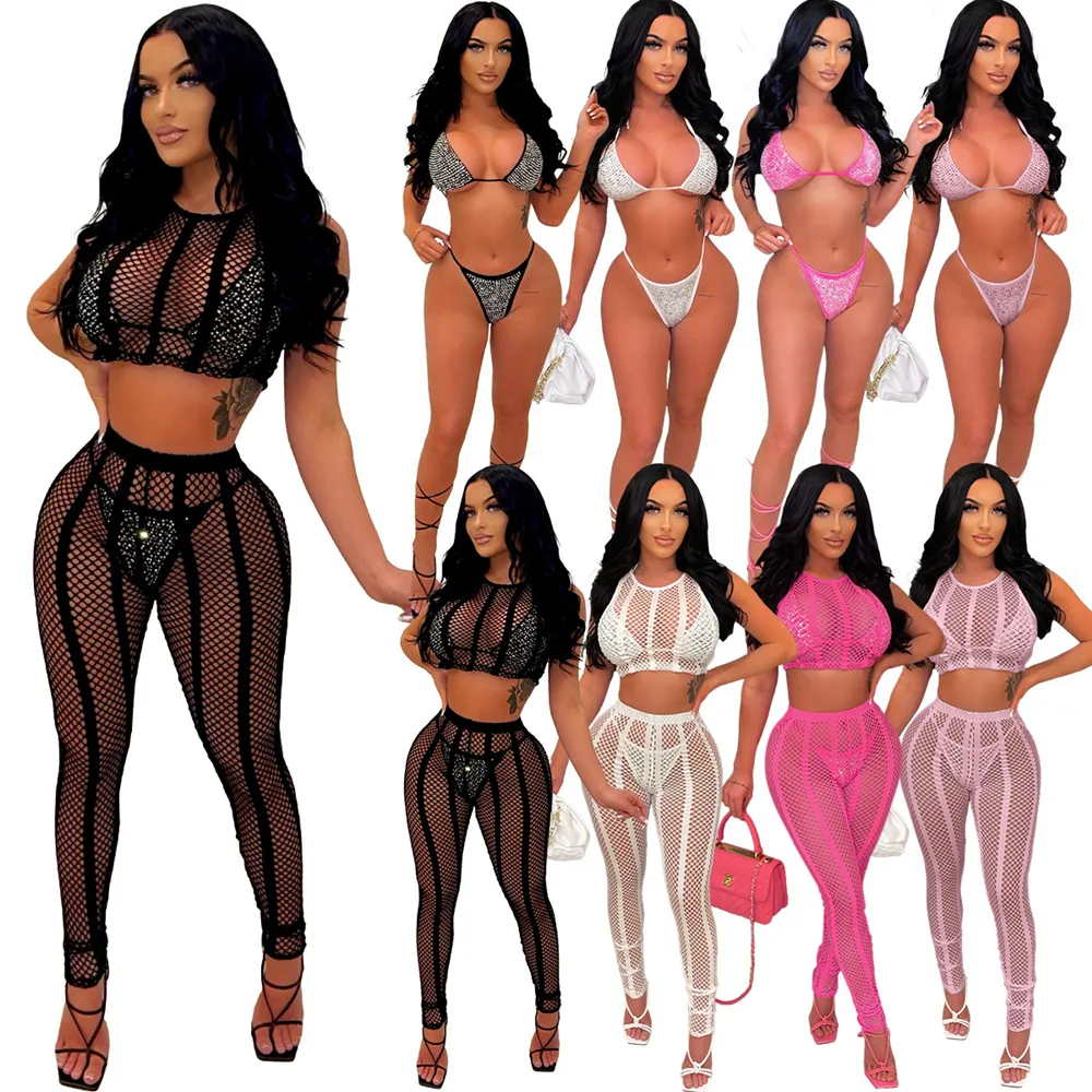 Summer Hot Drill Bikini Tracksuits For Women Mesh Sleeveless Crop Tops And See Through Slim Pants With Bikinis Swimwear 4 Piece Sets L308