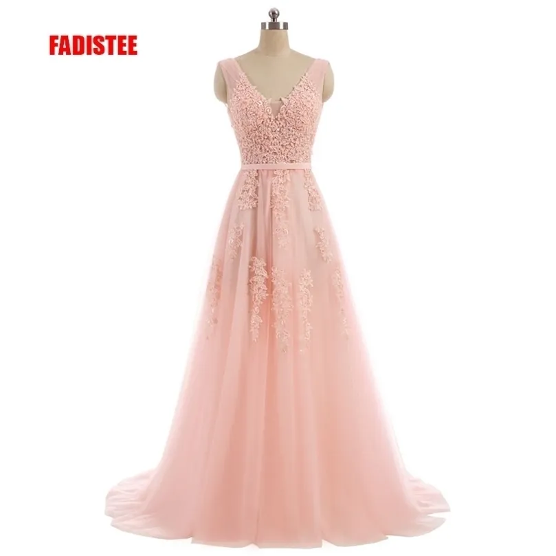 FADISTEE Vestido De Festa Sweet Pink Lace Vneck Vestido de noche largo Fiesta de novia Sexy Sin respaldo Perlas Perlas Vestidos de baile Laceup 220705