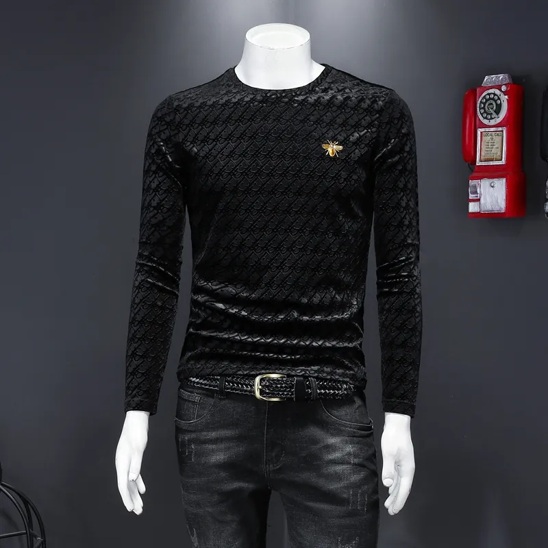 2022 New Gold Velvet Embossed Embroidered Bee Men's Tops Long Sleeves T-Shirts Round Neck Slim Fit Elastic Trend All-match Casual Bottoming Shirts