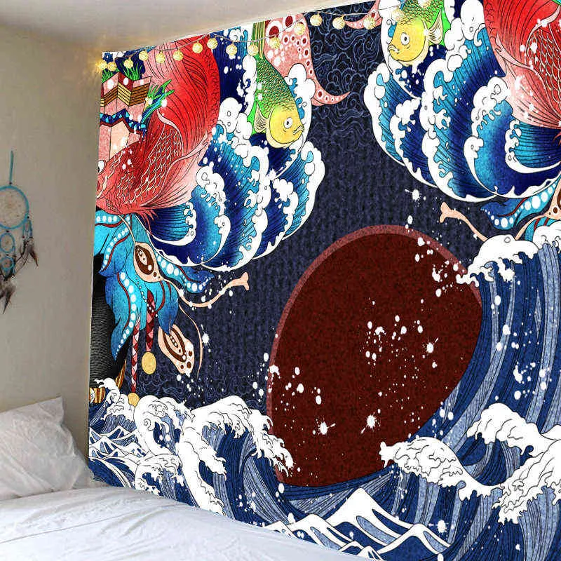 Japon halı duvar asılı anime soyut resim uki dalga vinç balık hippi boho ev odası dekor trippy sanat tapiz halı j220804