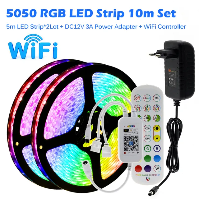 RGB LED Strips Light 5050 2835 Flexible 10M 15M 20M 12V Ensemble de bandes avec contrôleur de musique Wifi / Bluetooth pour éclairage de fond TV Veilleuse