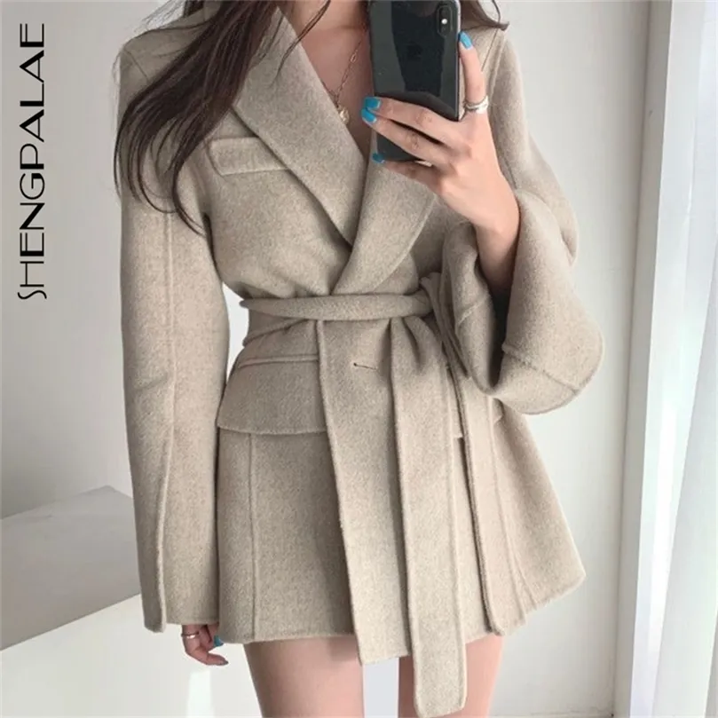 SHENGPALAE Autumn French Lapel Straight Slimming Lace-up Waist Cardigan Long Sleeve Woolen Coat For Women ZA5871 201221