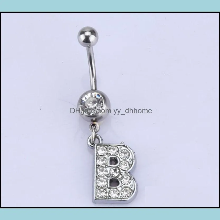 26 Inital letters Charming Body Piercing Crystal Rhinestone Inlaid Navel Belly Button Ring stainless steel Jewelry