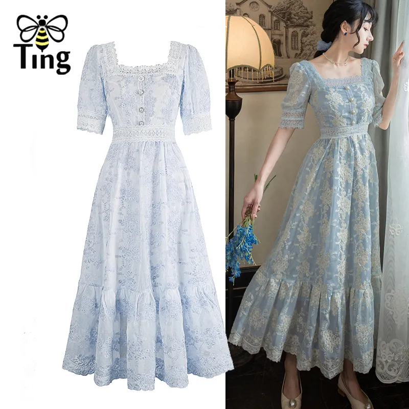 Tingfly Doux Doux Fille Une Ligne Robe D'été Dentelle Broderie Bouton Décor Robes De Soirée Casual Rue Boho Robe Midi Feminino 210303