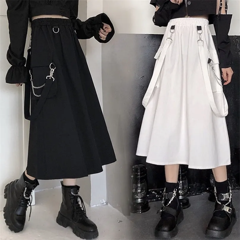 Houzhou Gothic Long Spódnica Kobiety Mall Goth Punk Chain Kieszonkowy Loose Strap Black High Waist Midi Grunge Harajuku Streetwear 220317