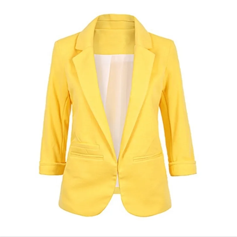 Frauen Mode Blazer Jacken Büro Arbeit Vorne Offen Kerb Blazer 2019 Herbst Schlank Gelb Damen Kleidung Drei Viertel Ärmel T200817