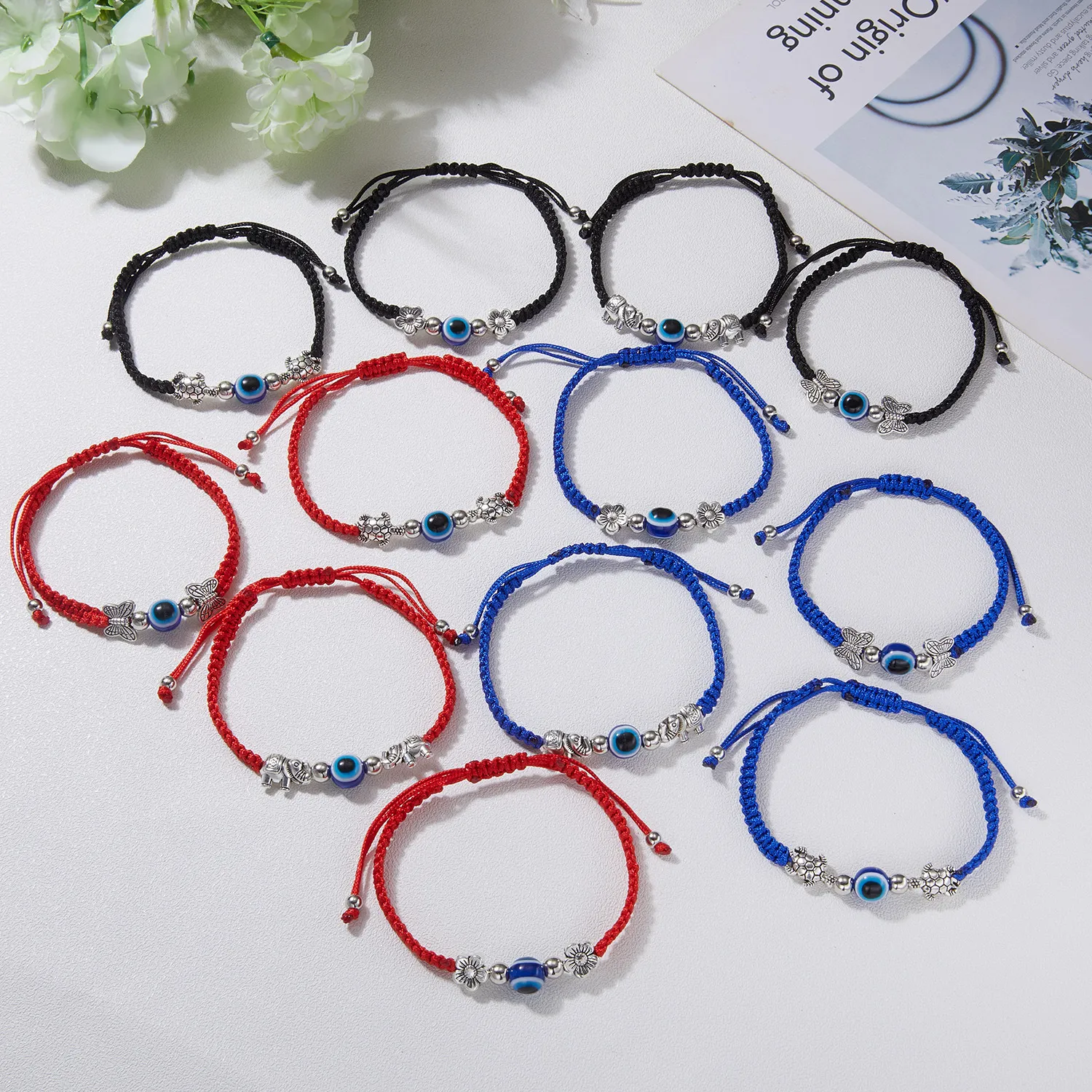 Blue Evil Eye Charm Charm Chains Rope Chains للنساء للنساء سلحفاة الفيل Hamsa Hand Charm Red String Bangle المجوهرات