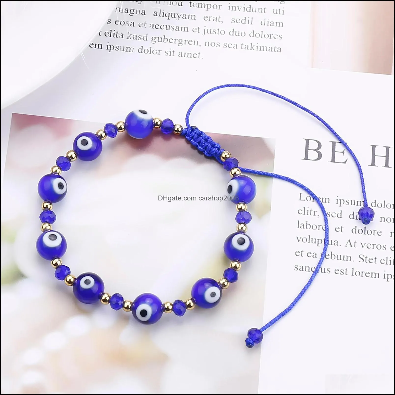 Link Kette Armbänder Schmuck 1 stück Klassische Blaue Böse Augen Palme Runde Glasperlen Armband Wunsch Elastisches Seil Für Frauen Dhwf4