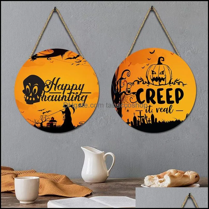 happy halloween wood sign hanging front door decor round wooden plaque pendant party decoration wall hanging ornament outdoor hy0449