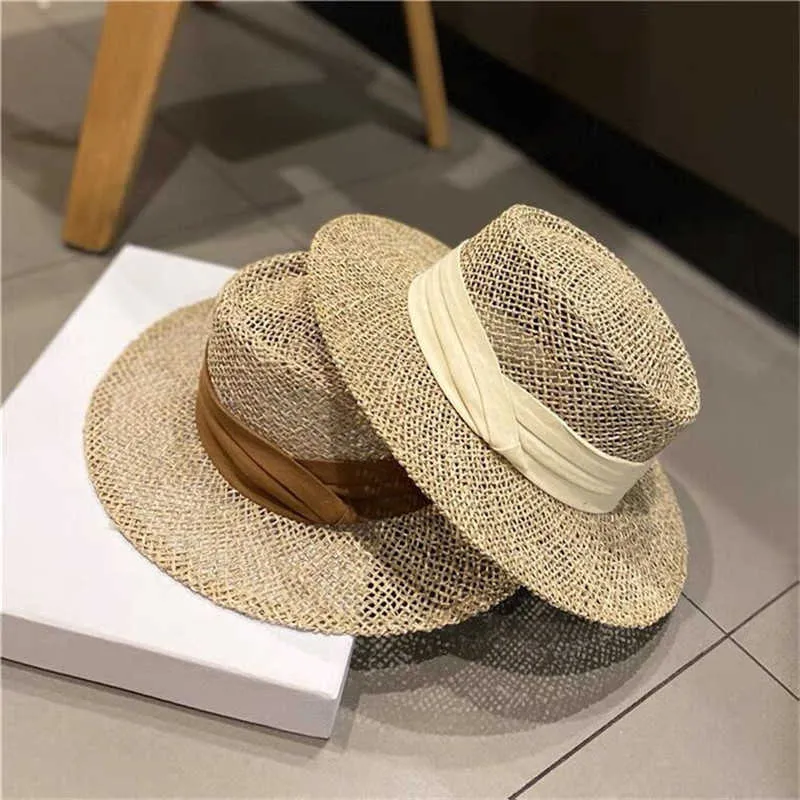 Été femme Nature herbe protection solaire femmes évider designer plat paille crème solaire parasol chapeau pour voyage