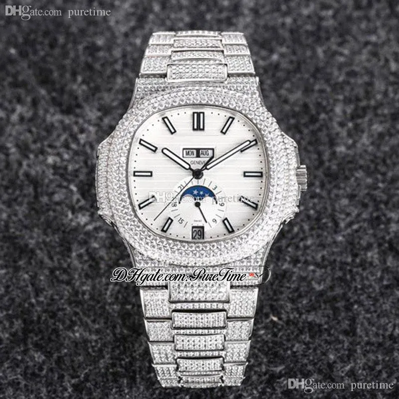 R8F 5726 CAL A324 MOON PHASE AUTOMATIC MENS WATH PAVED DIAMONDS CASE WHITE STICK DIAL ICECE OUT OUT OUT OUT OUT OUT OUT OUT SUPER EDITION JEWELRY WATCHES PURETIME A1