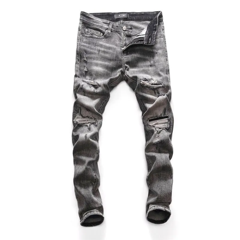 Men's Jeans Luxury Ripped Hole Grey Denim Men Slim Straight Casual Vintrage Pantalon Moto Homme Solid Streetwear Spring Mens DenimMen's