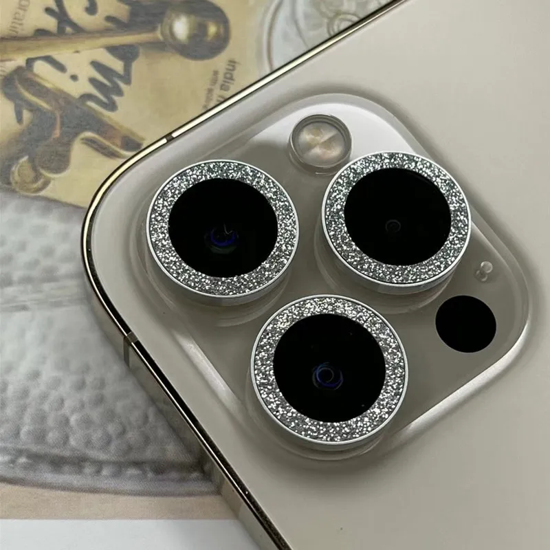 Kameraschutz für iPhone 13 11 12 Pro Max, feiner Sand, Blitz, Diamanten, körnig, gehärtetes Glas, Linsenfilm, Pulver, Blitz, glänzende Rückseite aus Metall, spezieller Designer-Schutzring