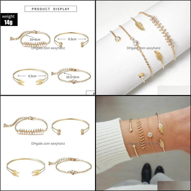 fashion geometric gold color crystal leaf bracelet set for women opening adjustable bracelets bangle party jewelry