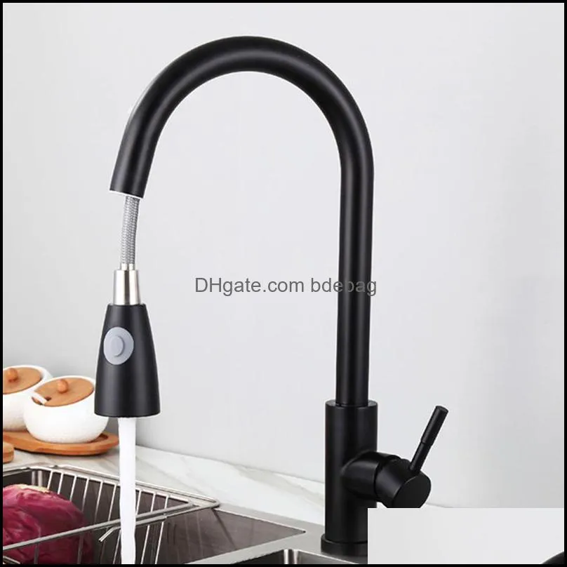 Kitchen Sink Faucets with Pull Down Sprayer Silver Black Stainless Steel Single Hole Handle Multifunction Rotation Mixer Taps