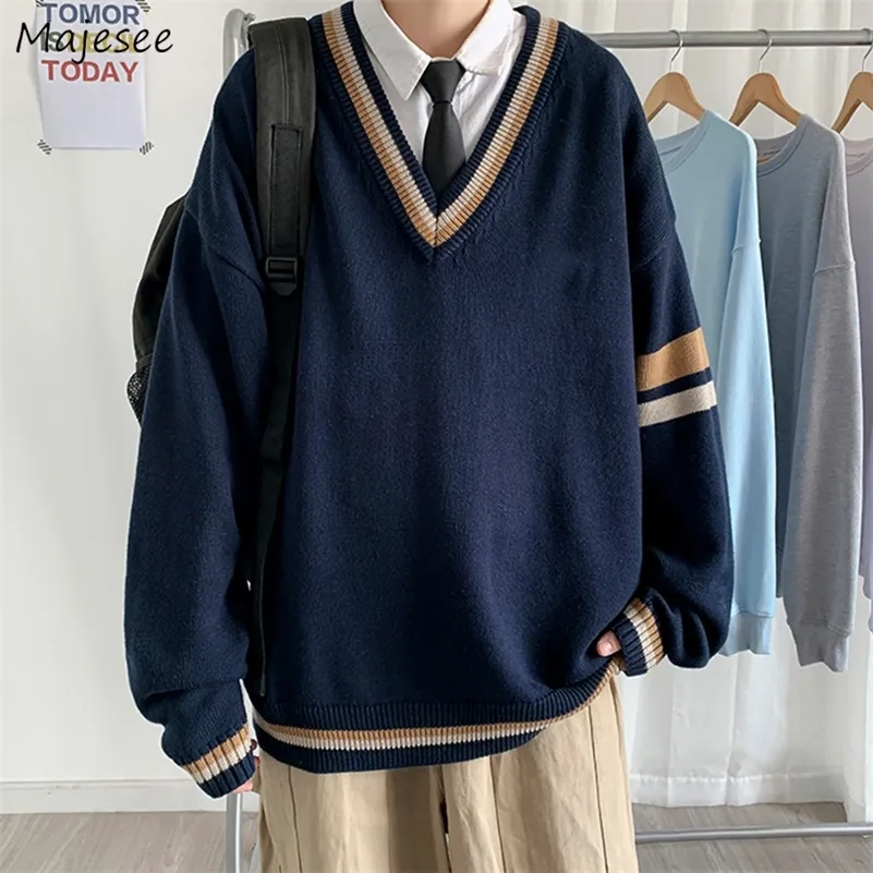 V-neck Spliced Pullover Sweaters Men Autumn Vintage Knitted Clothing Loose Student Harajuku BF College Japanese Jumper Homme Top 220812