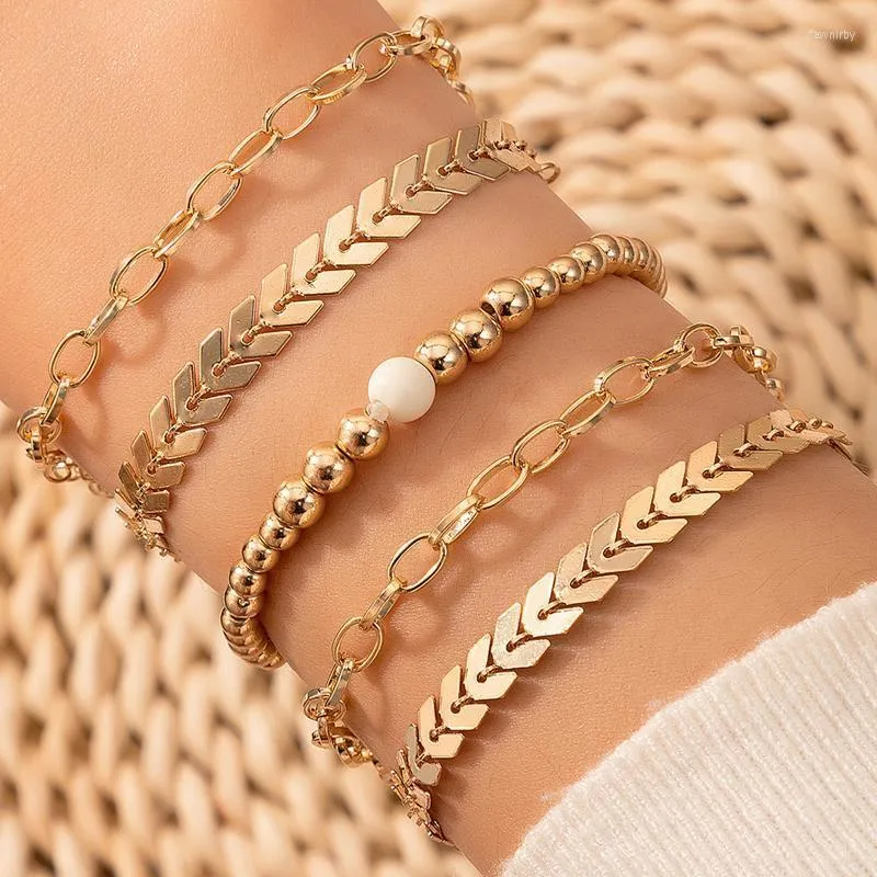 Link Chain 5pcs/sets Boheemse bladgouden armbanden voor vrouwen charmes kralen verstelbare sieraden accessoires groothandel fawn22