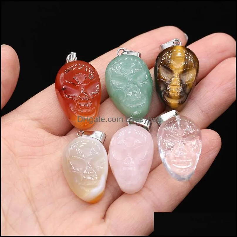 pendant necklaces 5pcs mix color natural stone skull shape agts charms for women diy jewerly necklace making 26x32mmpendant