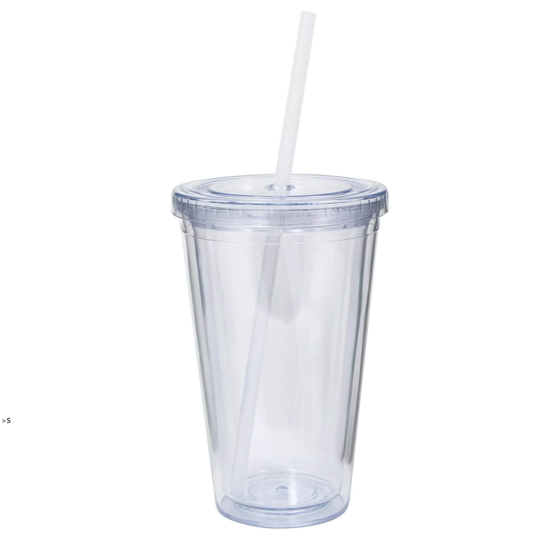 16oz plastic tuimelaars dubbele wand acryl heldere drinksap kopje met deksel en stro koffie mok diy transparante mokken door zee bbb15013
