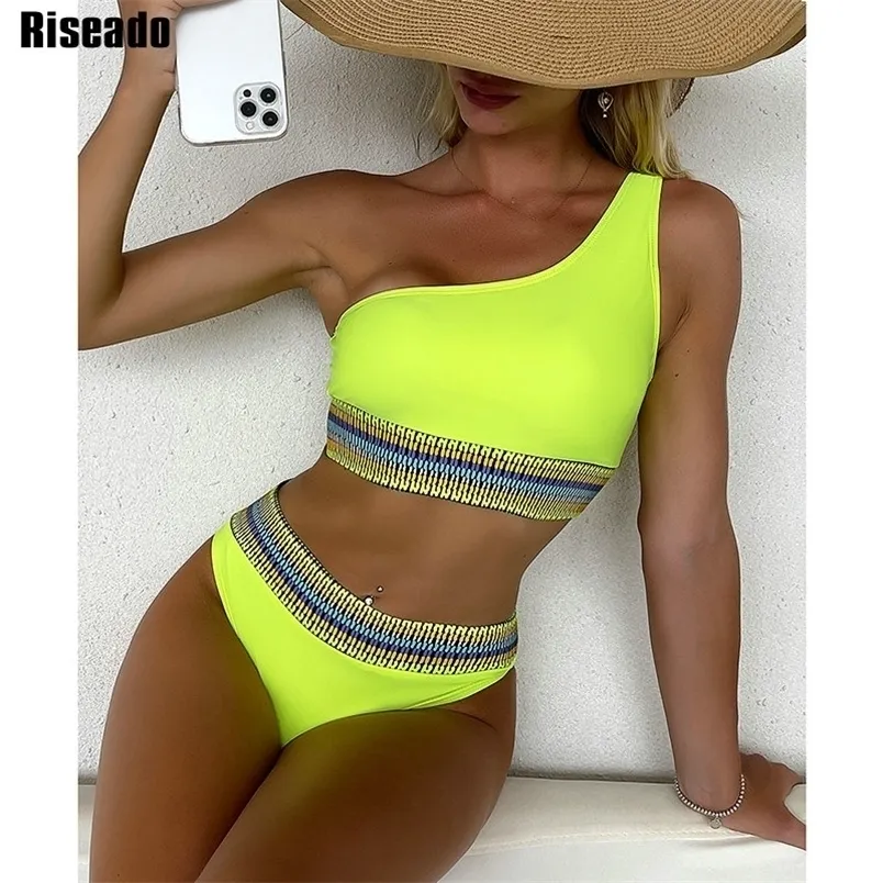 Riseado High Waist Bikini 1 어깨 섹시한 여자 수영복 대비 트림 수영복 솔리드 비퀴 니스 여자 수영복 220518