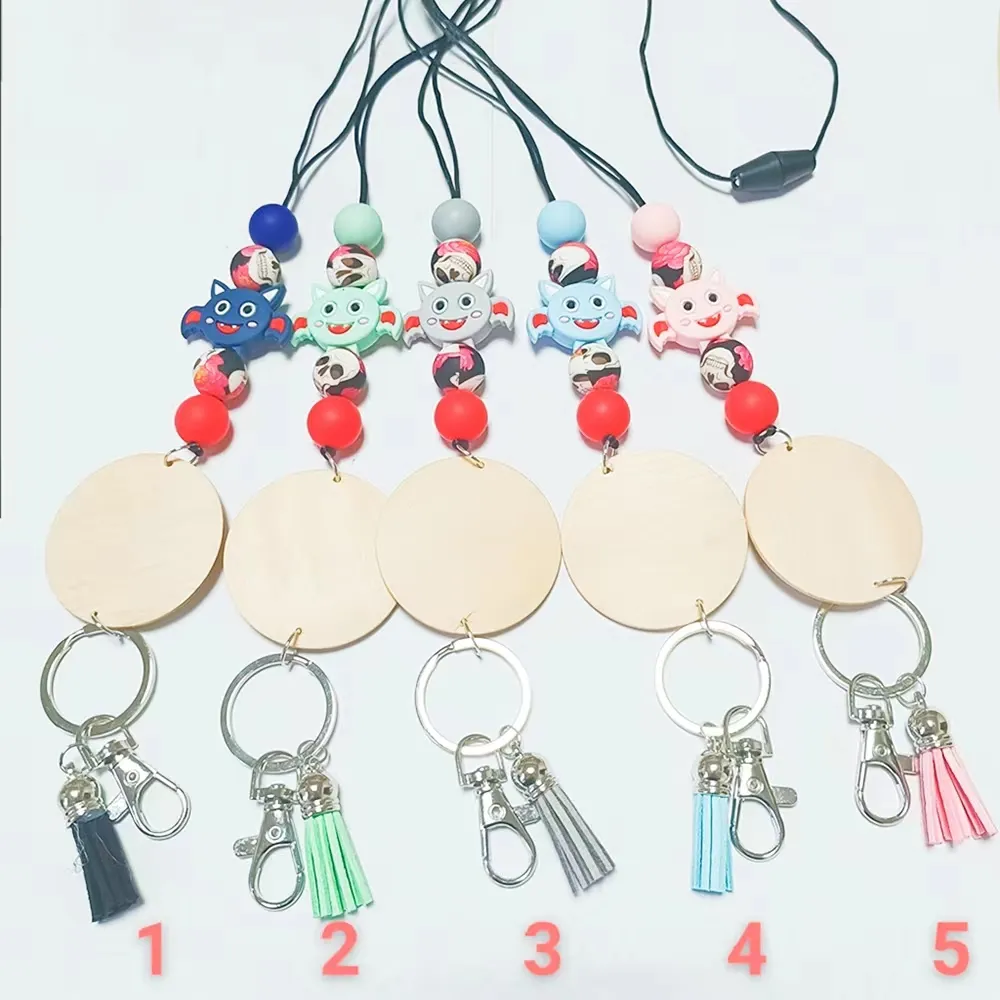 Wholesale Personalized Silicone Bead Lanyard Necklace Blank Disc Tassel Pendant Chain Multicolor Optional