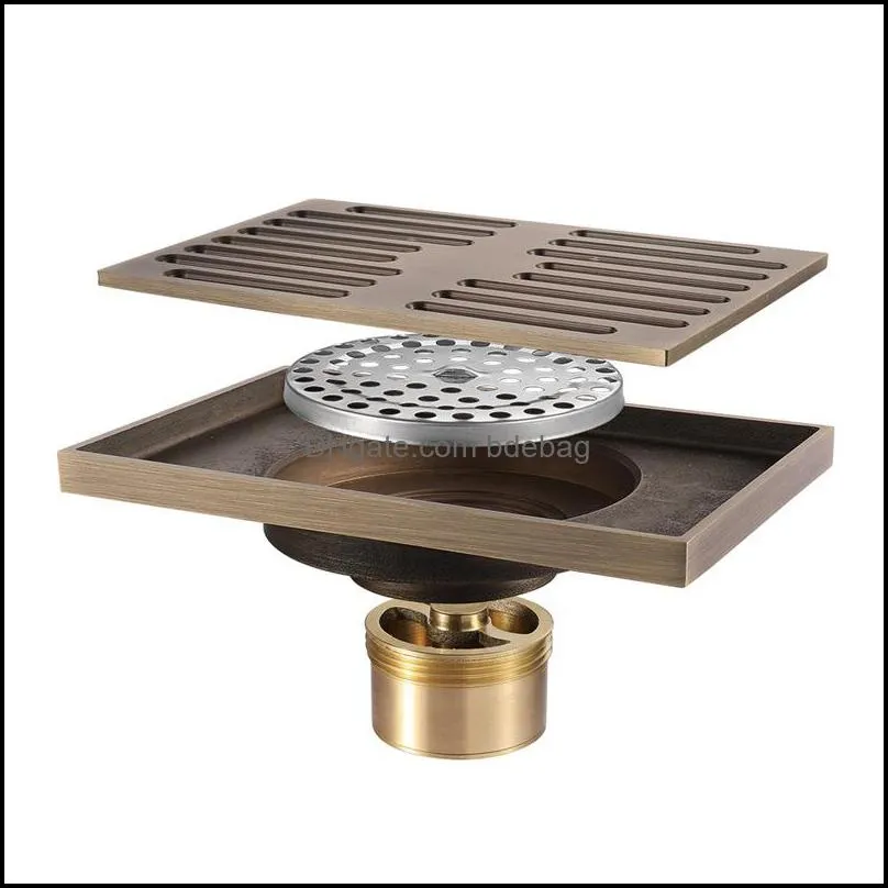 Brushed Antique Brass Bathroom Linear Shower Floor Drain Wire Strainer Bath Cover Waste Drainer 140*90mm Ground Drainage