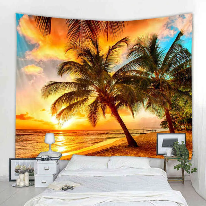 アートブランケットカーテン自由andベッドルームリビングルーム装飾海辺のココナッツツリータペストリーマンダラJ220804